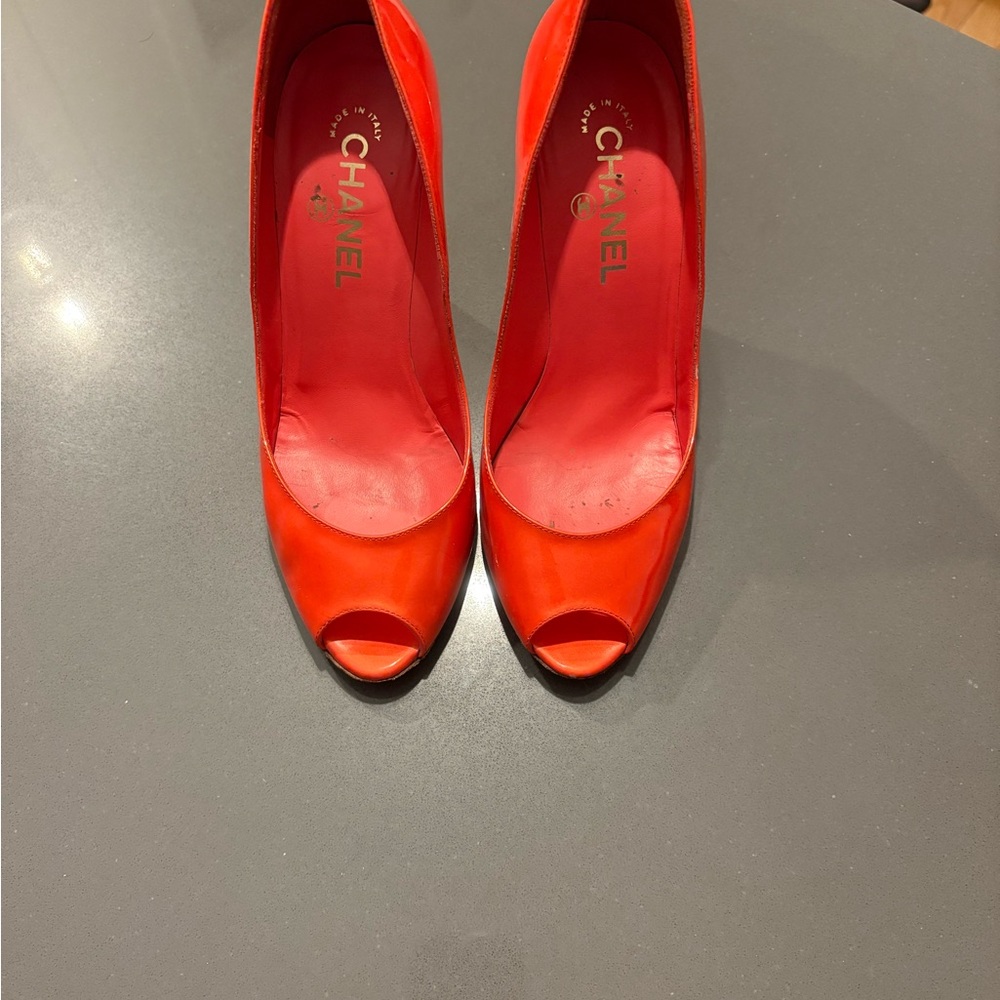 Authentic CHANEL Vibrant tangerine/coral Peep-Toe Heels